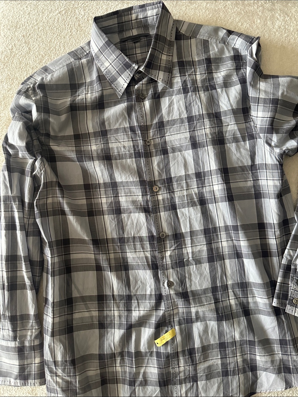 John Varvatos Men's Gray and White Plaid Button-Down Shirt